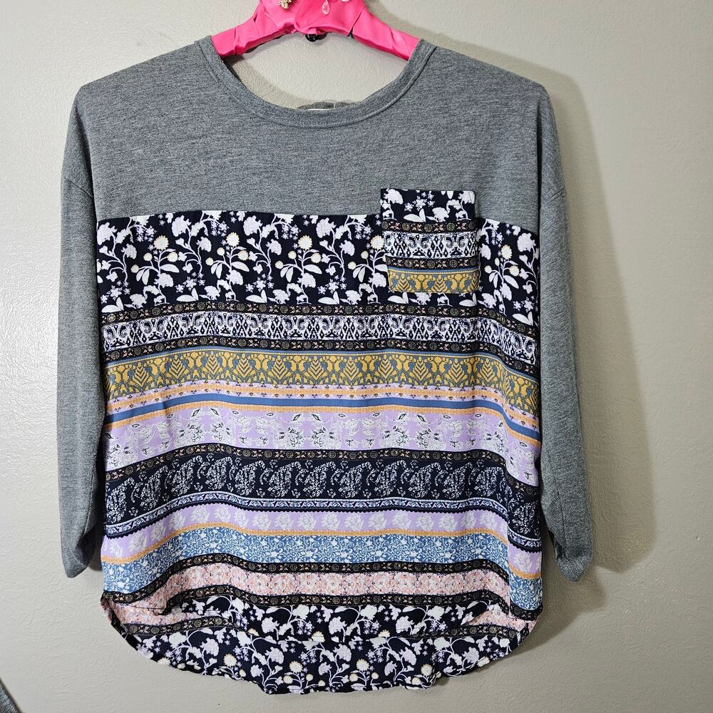 Jolt Mixed Media Floral Patchwork Roll Tab Sleeve Women's Top L Boho Cottage